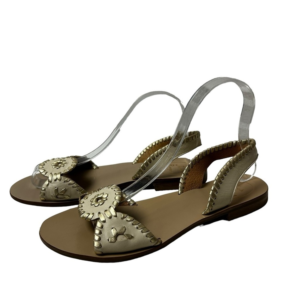 Jack Rogers Lillian Size 7.5 M Slide Sandals Ivory Leather/Gold Whipstich.